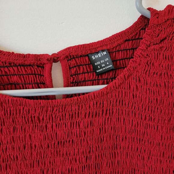 Red Peasant Dress Midi Smocked Puff Sleeve Cottagecore Tiered Maiden Milkmaid S - Picture 9 of 11